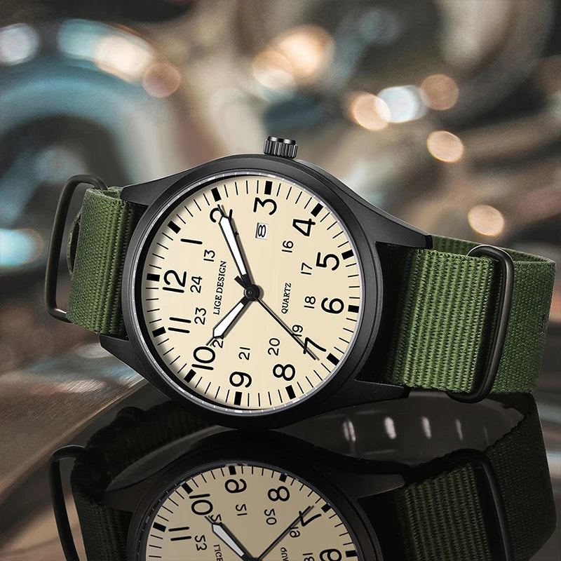 LIGE 2025 TOP NEW quartz wristwatch Arabic Watch for Men Luminous Green Nylon Luxury Leather Wrist Men Watch Montre Homme+BOX