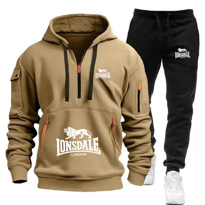 LONSDALE Men's Kangaroo Pocket Hoodie Set 2026 New Autumn Winter Fleece Sweatshirt + Sports Pants 2 Piece Tracksuit Casual Fitne