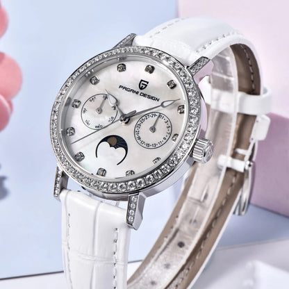 PAGANI DESIGN Women Quartz Watch Mop Dial Diamond Bezel Moon Phase Week Date Multi-function 50M Waterproof White Leather watch