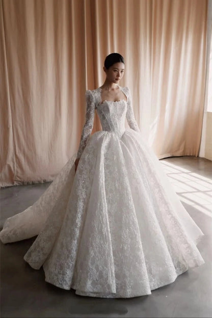 Exquisite A-Line Lace Decal Women's Wedding Dress Sexy Square Neck Long Sleeved Church Bride Dress Vestido De Noiva Customized