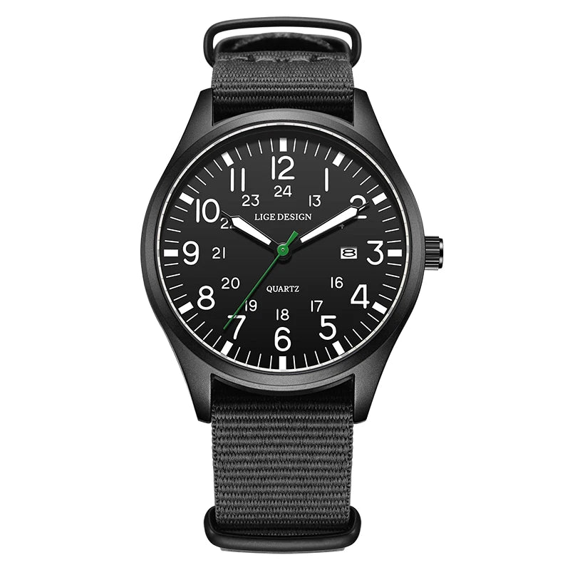 LIGE 2025 TOP NEW quartz wristwatch Arabic Watch for Men Luminous Green Nylon Luxury Leather Wrist Men Watch Montre Homme+BOX