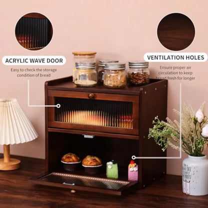 Double 2 Layer Large Bread Box for Kitchen Counter, Wooden Bread Storage Container Organizer Holder with Acrylic Window