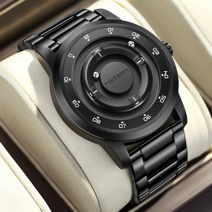 LIGE FOXBOX Fashion Man Magnetic Watch Unique Dial Business Stainless Casual Srolling Bead Waterproof Quartz Men's Watches Gifts