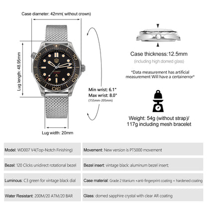 Watchdives WD007 V4 Automatic Dive Watch 200M Waterproof PT5000 Movement Titanium Case Sapphire Crystal Mens Watch With Gift