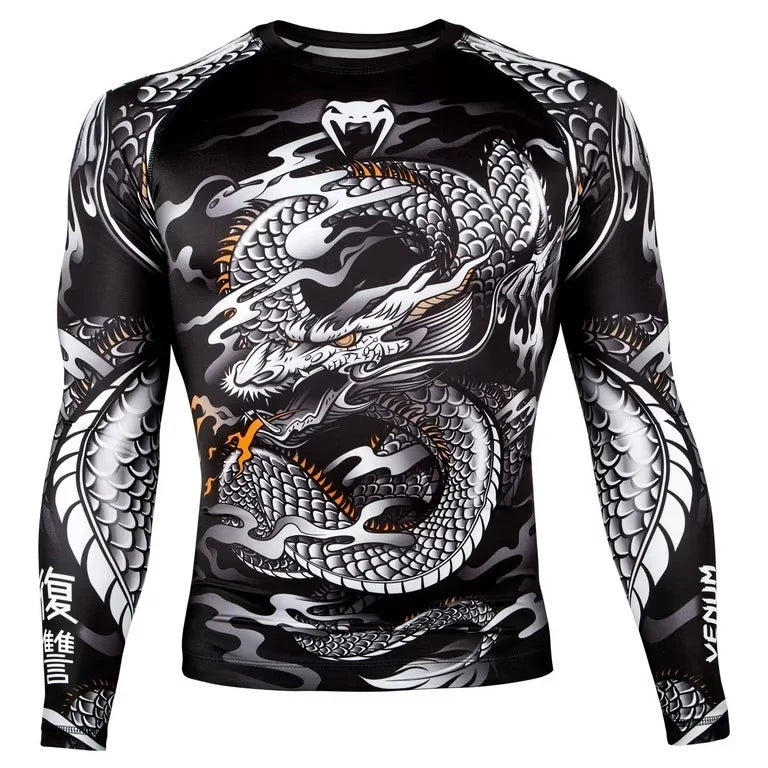 Men's Tight Long-Sleeve Sports Shirt with Dragon Print Breathable Stretch Fabric for MMA Fitness Training Daily Wear