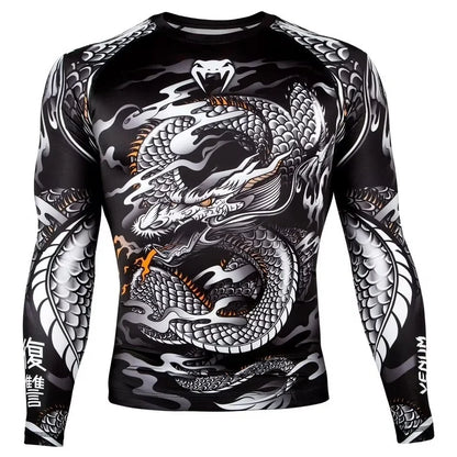 Men's Tight Long-Sleeve Sports Shirt with Dragon Print Breathable Stretch Fabric for MMA Fitness Training Daily Wear
