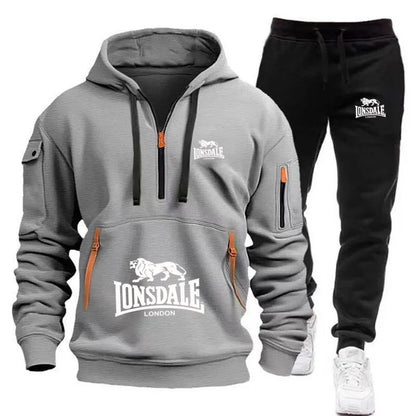 LONSDALE Men's Kangaroo Pocket Hoodie Set 2026 New Autumn Winter Fleece Sweatshirt + Sports Pants 2 Piece Tracksuit Casual Fitne