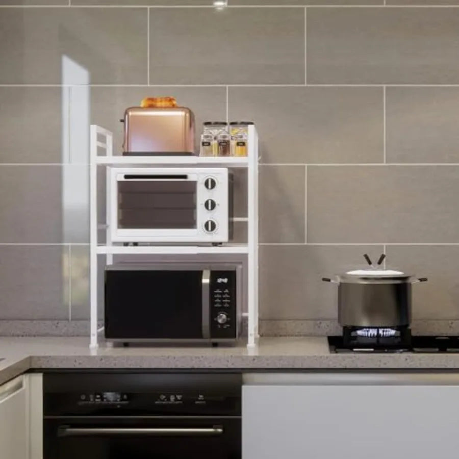 Microwave Oven Rack, Expandable Microwave Stand Kitchen Countertop Organizer Utensils Storage, Carbon Steel Over Microwave Shel