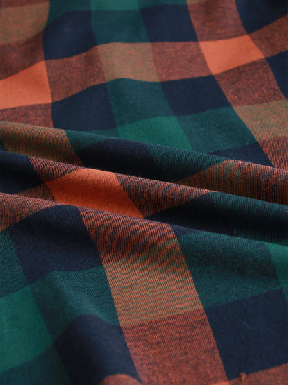 Men's Retro Orange Green Plaid Flannel Shirt Spring Fall Loose Casual Button-Down Jacket