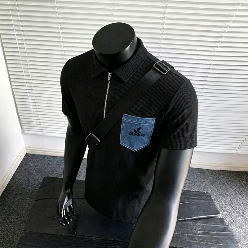 European and American style men's waffle half zip polo shirt denim contrasting pocket short sleeved popular foreign trade item