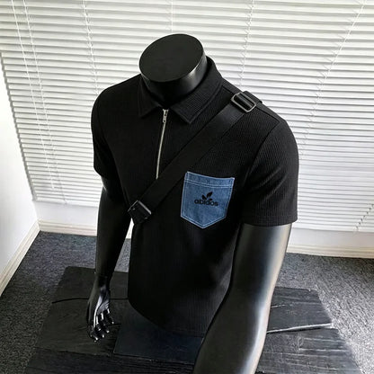 European and American style men's waffle half zip polo shirt denim contrasting pocket short sleeved popular foreign trade item