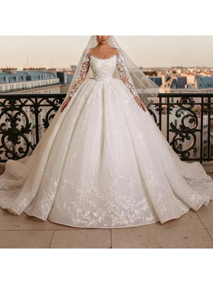 Custom Luxury Glitter Lace Ball Gown Wedding Dress Elegant Long Sleeve Bridal Gown Cathedral Train Plus Size Vestido De Novia