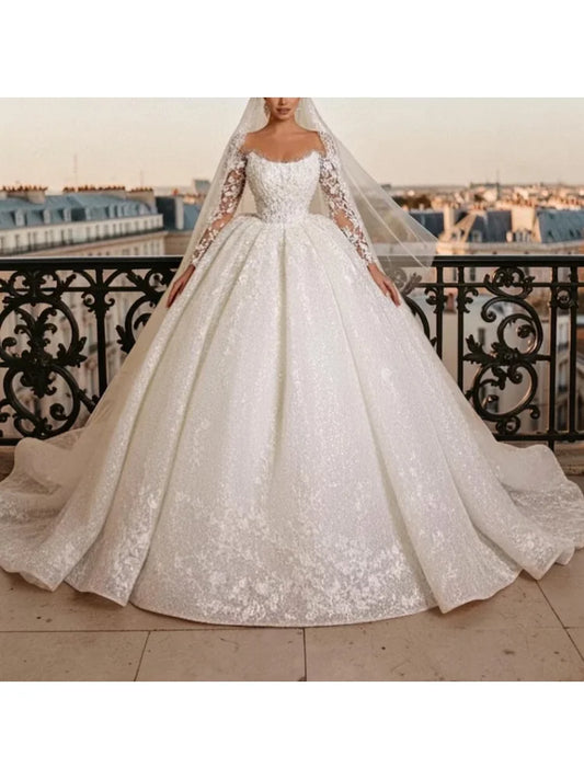 Custom Luxury Glitter Lace Ball Gown Wedding Dress Elegant Long Sleeve Bridal Gown Cathedral Train Plus Size Vestido De Novia
