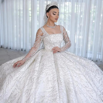 Gorgeous Square Collar Sparkling Princess Wedding Dress Long Sleeve Pearl Bride Dress Elegant Ball Party Dress Customized