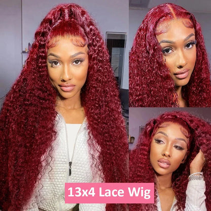 200 Density Burgundy Deep Wave Human Hair Wig 99J Colored 13x4 13x6 HD Water Curly Wave Full Lace Frontal Wigs For Women 46 Inch