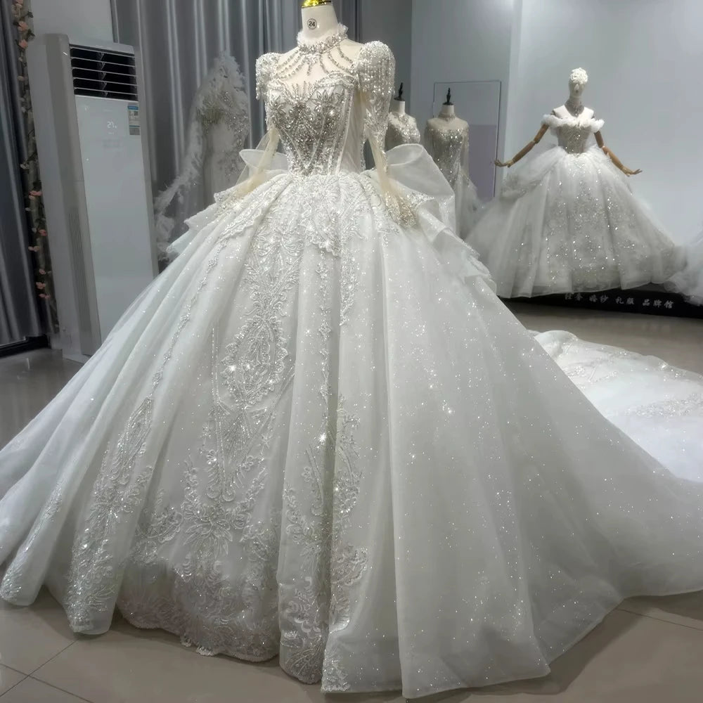 Long Sleeve Wedding Gown High Lace Up Keyhole Back Wedding Dress Beading Sequined Crystal Ball Gown Bridal Dress