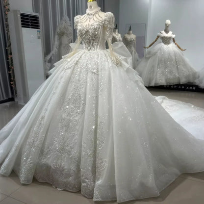 Long Sleeve Wedding Gown High Lace Up Keyhole Back Wedding Dress Beading Sequined Crystal Ball Gown Bridal Dress