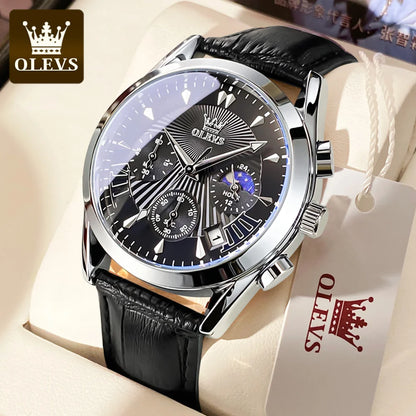 OLEVS casual fashion men's watches Moon Phase Chronograph waterproof man wristwatch Leather strap trend genuine watch for man