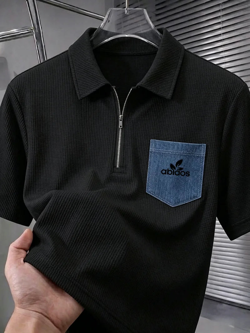 European and American style men's waffle half zip polo shirt denim contrasting pocket short sleeved popular foreign trade item