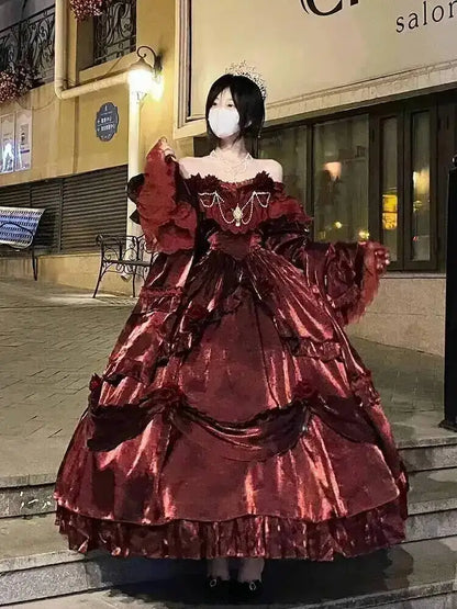 Beauty Princess Dress Red Lolita Skirt Long Dress Elegant Lolita Outfit Heavy Industry Skrit Flower Red Dress Red Passion Dress