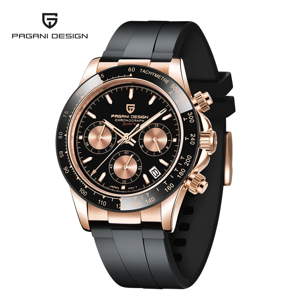 PAGANI DESIGN Men Quartz Chronograph Watch RoseGold Case Black Ceramic Bezel Brown Dial Rubber Strap Waterproof Sports watch+box