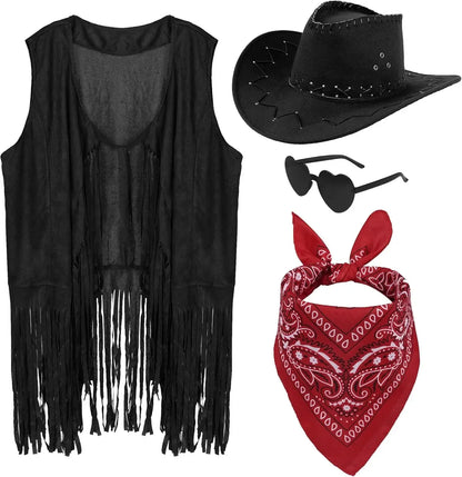 Women Men Cowgirl Costume Western Vest Hat Belt Bandana Set for Cowboy Tassels Fringe Vest Halloween Outfits Wild West Cosplay