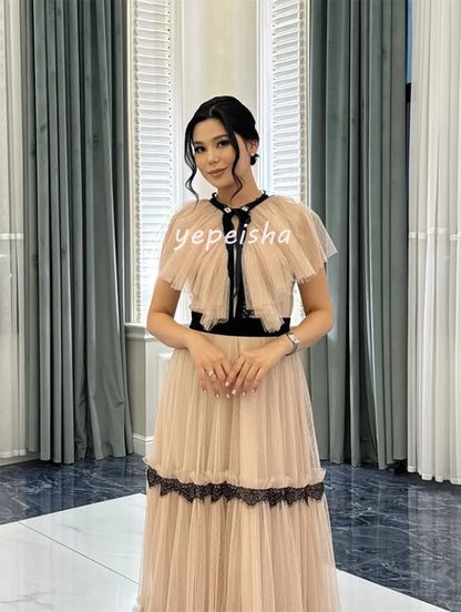 Customized Fashion Exquisite Tulle Pleat Tulle Lace A-line High Collar Long Dresses Bespoke Occasion Dresses Sizes Available