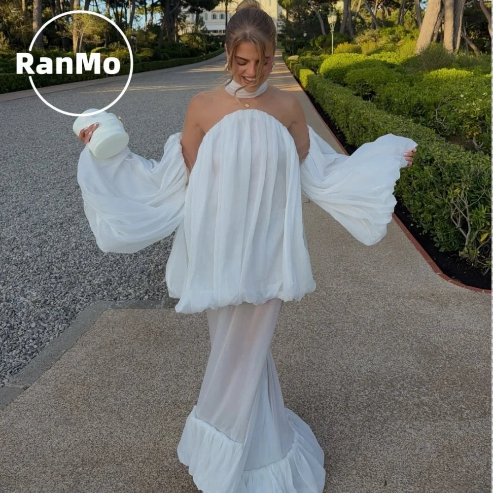 Ranmo Modern White Illusion Chiffon Long Women Party Dresses Off Shoulder With Puff Sleeves Pretty Wedding Party Dress