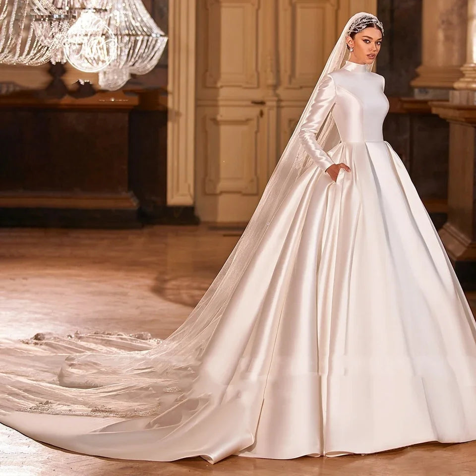 Elegant Satin High Collar Wedding Dress Long Sleeve Party Evening Dress A-line Floor length Skirt Customized Wedding Dress
