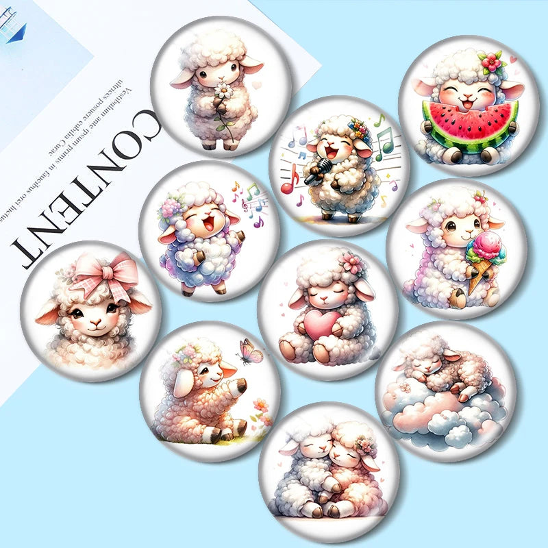 Watercolor Cute Sheep 10pcs mix18mm/20mm/25mm Round photo glass cabochon demo flat back Making findings