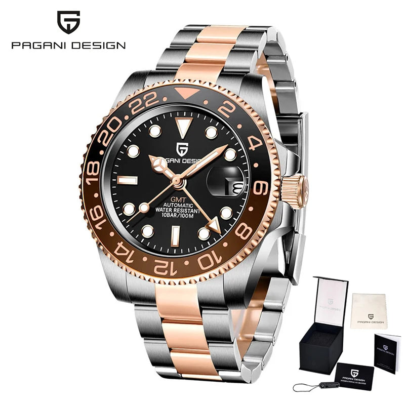 New PAGANI DESIGN GMT Watch Men's Luxury Sapphire Automatic Mechanical Watch 40MM Stainless Steel Waterproof Gift Box Watch