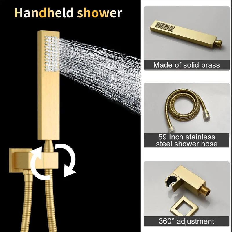 Brass Brushed Gold Digital Display Thermostatic Shower System Rainfall Shower Faucet  Bathroom Shower Faucet with Body Jets