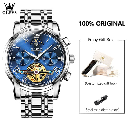 OLEVS 6617 Men's Classic Mechanical Watch Waterproof Business Stainless Steel Strap Watch  Sun And Moon 30M Waterproof Watch