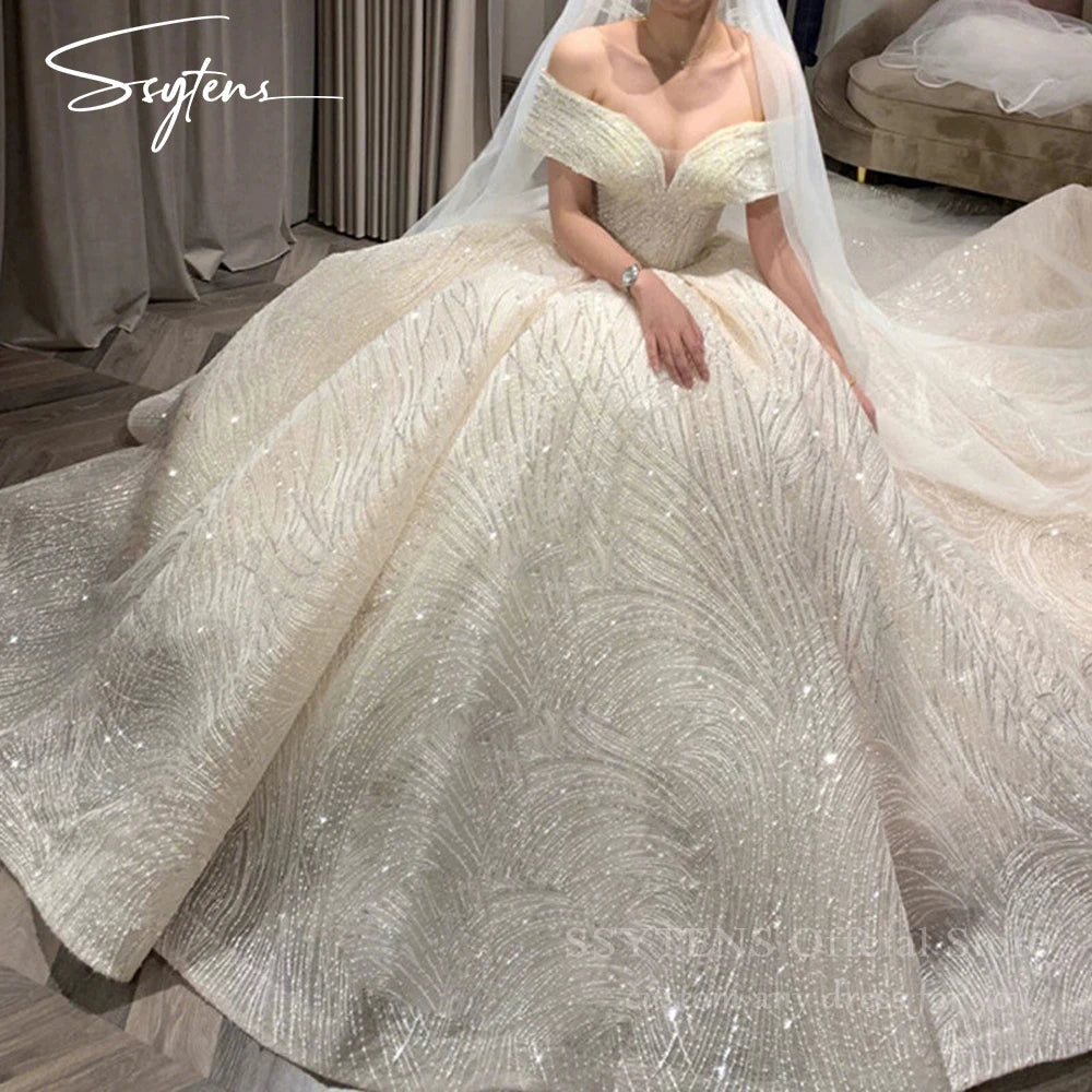 SSYTENS Cheap Wedding Dresses Shiny Wedding Dress Classic Boat Neck Bridal Party Gown Vestido De Noiva Robe De Mariee Customized