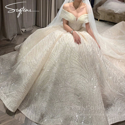 SSYTENS Cheap Wedding Dresses Shiny Wedding Dress Classic Boat Neck Bridal Party Gown Vestido De Noiva Robe De Mariee Customized
