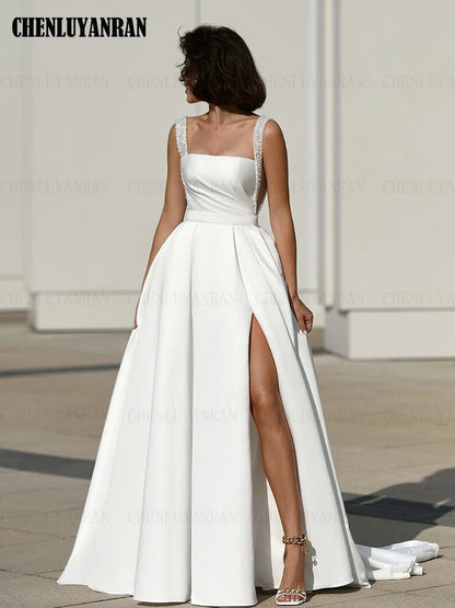 Satin Elegant Wedding Dresses For Women Beading A-line Long Wedding Gowns Slit Sexy Dresses For Wome 2025  فستان حفلات الزفاف