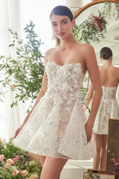 Elegant Strapless Short Wedding Dress 3D Decal Shining Mini Wedding Dress Formal Party Homecoming Dress Bridal Dress Custom