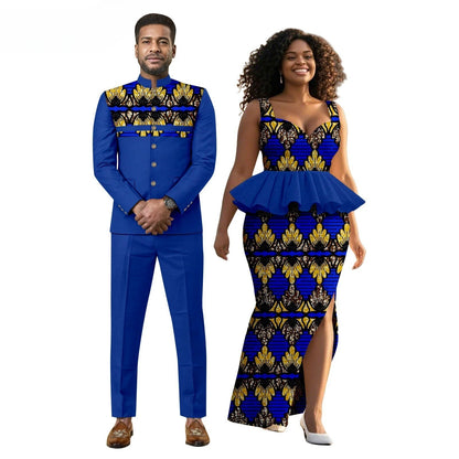 New African Print Men's Suit, Wax-dyed Couple Set, Women's Dress + Men's Suit  Women Clothing