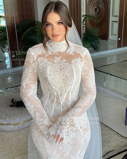 SSYTENS Lace Wedding Dresses High Neck Long Mermaid Bride Dress Saudi Arabia Bridal Gown Customized Luxurious vestidos de novia