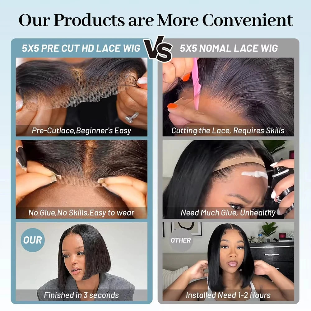 Glueless Wigs Human Hair Pre Plucked Wear and Go 5X5 Pre Cut HD Lace Closure Bob Wig Straight Short Bob Wig Human Hair for Women