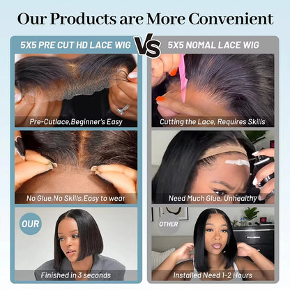 Glueless Wigs Human Hair Pre Plucked Wear and Go 5X5 Pre Cut HD Lace Closure Bob Wig Straight Short Bob Wig Human Hair for Women