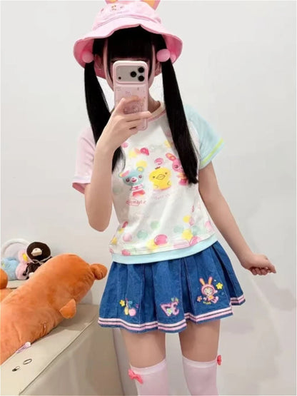 Girls Slim Subculture Two Piece Outfits Y2K Kawaii Japanese Printed Short Crop Tops Mini Skirts Vacation Vintage Casual Sets