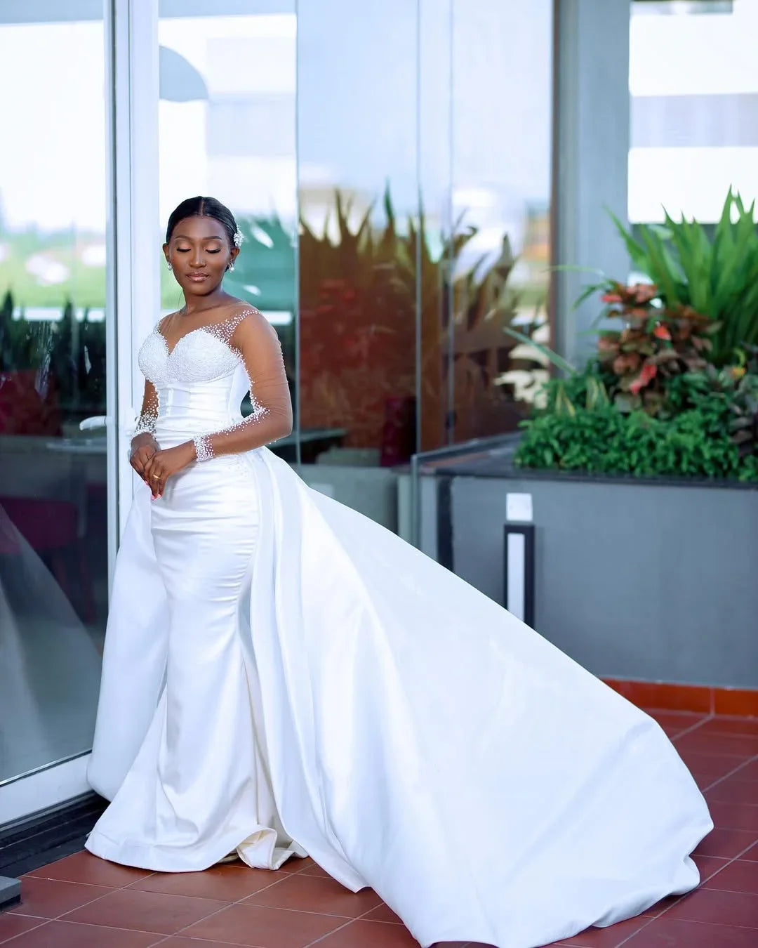 African White Mermaid Wedding Dress Sexy Transparent Illusion Long Sleeve Bridal Dress Beaded Pleat Detachable Tail Customized