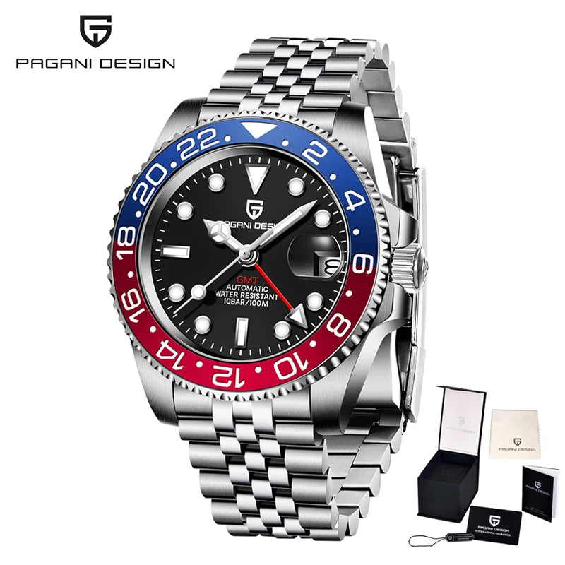 New PAGANI DESIGN GMT Watch Men's Luxury Sapphire Automatic Mechanical Watch 40MM Stainless Steel Waterproof Gift Box Watch