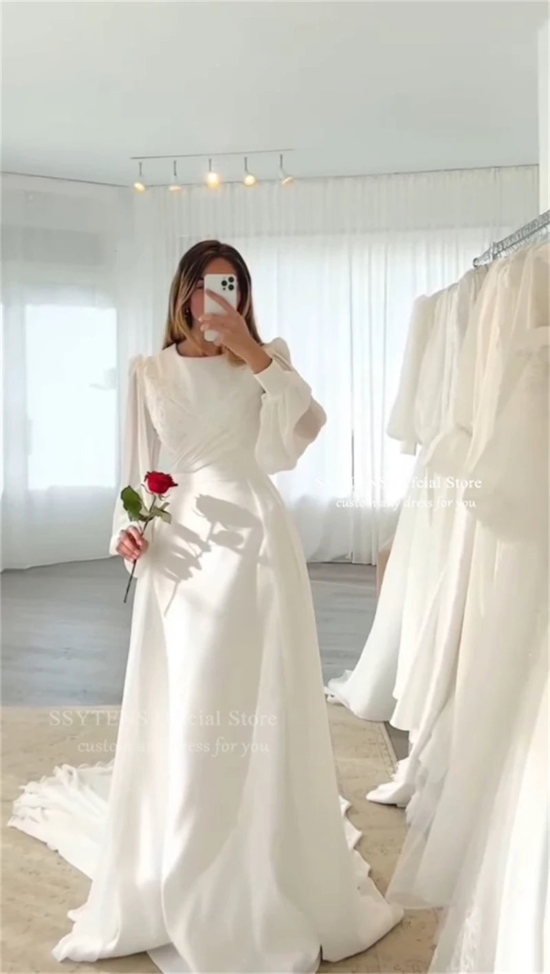SSYTENS Modest Wedding Dresses Long Sleeves Customized Boho Bride Dress O-Neck Appliques A-Line Bridal Gown Vestidos De Novia