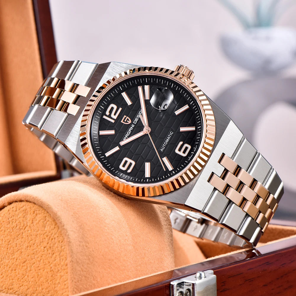 PAGANI DESIGN Business Men's Mechanical Automatic Watch Stainless Steel Waterproof Honeycomb Dial Luminous Gift Men's Watch+Box