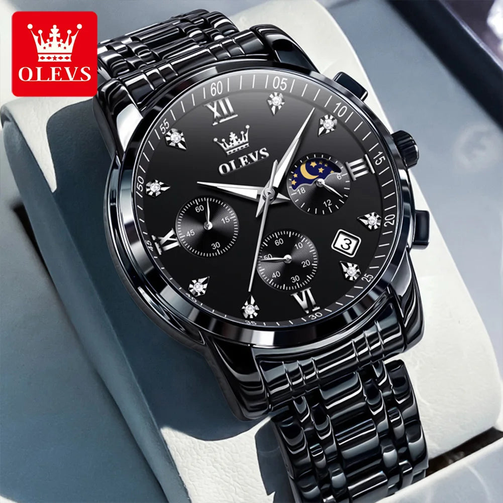 OLEVS Popular men's watches stainless steel black Moon Phase Chronograph quartz watch for man date Original brand wristwatch