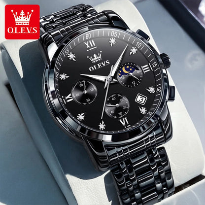 OLEVS Popular men's watches stainless steel black Moon Phase Chronograph quartz watch for man date Original brand wristwatch