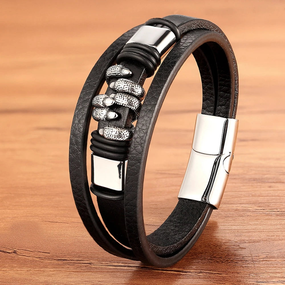 XQNI Luxury Vintage Multilayer Leather Men Bracelet Bead Bracelet Stainless Steel Charm Jewelry Male Wrist Bangle Birthday Gift
