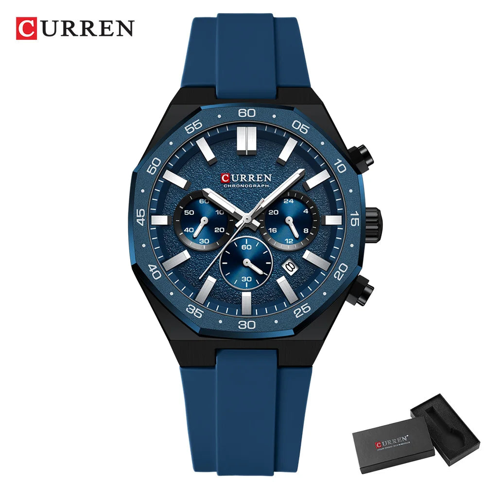 CURREN Fashion Casual Men Sports Watch Chronograph Silicone Belt Auto Date Dial Quartz Wristwatch Male Reloj Relogio Masculino